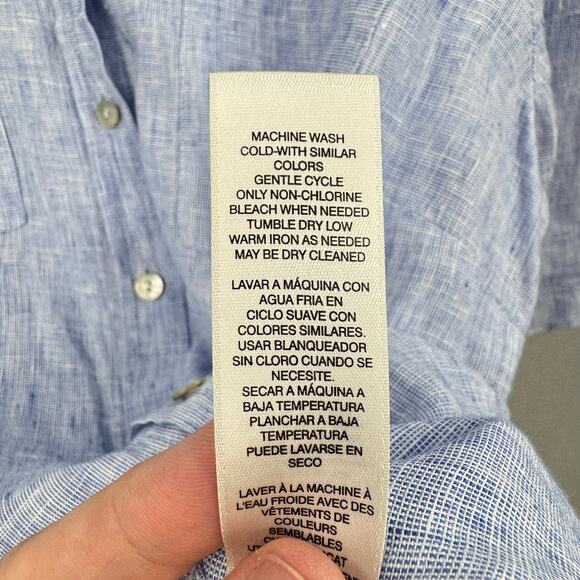 Chico’s Sz 1 Heather Blue Linen Long Line Button Front Side Slit Tunic Shirt - Picture 15 of 16